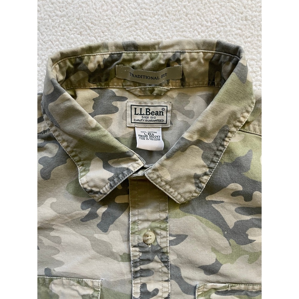 90s Vintage LL Bean Mens Large Button Down Shirt Green Camo Traditional - Picture 6 of 13
